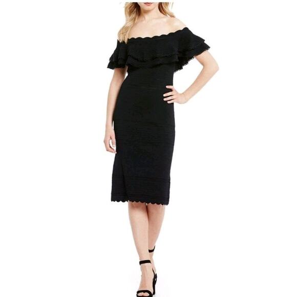 Eliza J Double Ruffle Scallop Ribbed Sheath Dress – Black | Size Small NWT - Picture 1 of 9